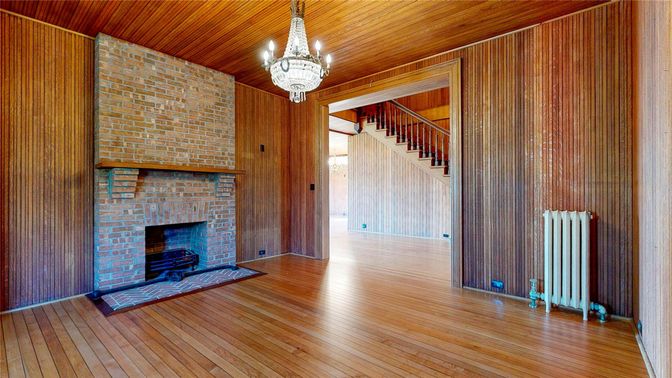 Chandelier, Empty room, Fireplace, Interior, Stone Walls, Wooden Ceilings, Wood Texture Flooring, Wooden Walls