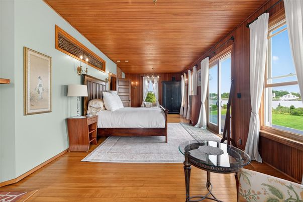 Bedroom, Chandelier, Interior, Recessed Lighting, Wooden Ceilings, Wood Texture Flooring