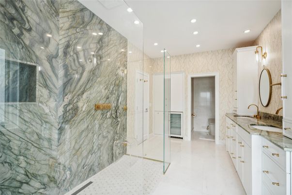 Bathroom, Dual Sink Vanities, Glass Shower, Interior, Marble Walls, Recessed Lighting