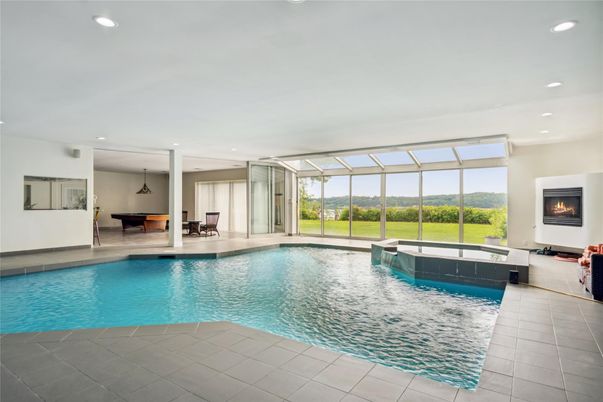 Fireplace, Glass Ceilings, Interior, Pendant Lights, Pool, Recessed Lighting, Sun Room