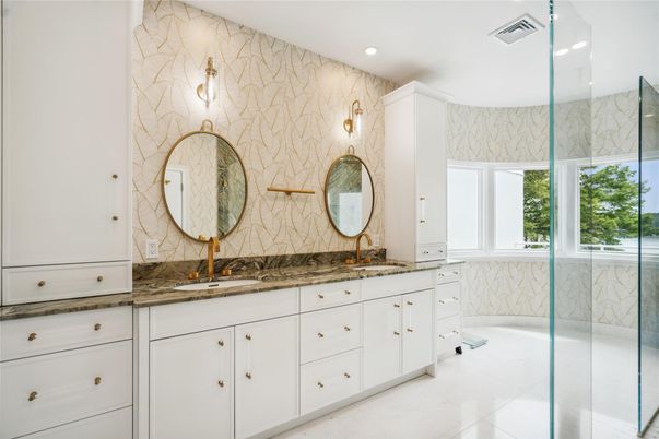 Bathroom, Dual Sink Vanities, Glass Shower, Interior, Marble Walls, Recessed Lighting