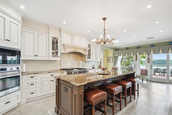 Chandelier, Interior, Kitchen, Recessed Lighting, Stainless Steel Appliances, Water