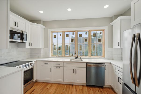 Interior, Kitchen, Recessed Lighting, Stainless Steel Appliances, Wood Texture Flooring