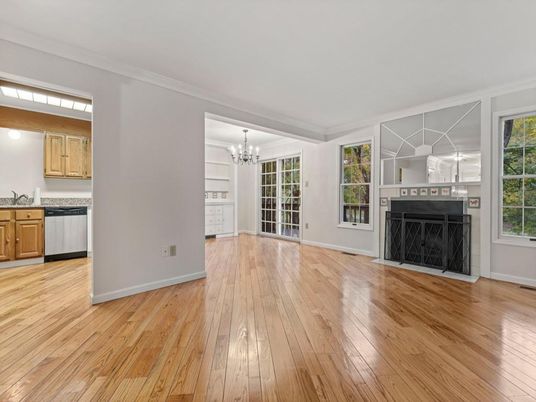 Chandelier, Empty room, Fireplace, Interior, Kitchen, Wood Texture Flooring