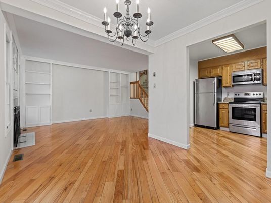 Chandelier, Empty room, Interior, Kitchen, Stainless Steel Appliances, Wood Texture Flooring