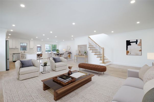 Dining room, Interior, Kitchen, Living room, Recessed Lighting, Wood Texture Flooring