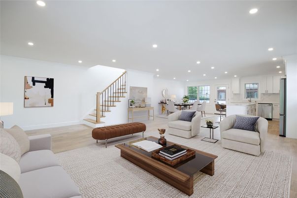 Dining room, Interior, Kitchen, Living room, Recessed Lighting, Wood Texture Flooring