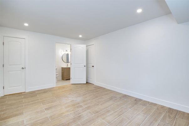 Bathroom, Empty room, Interior, Recessed Lighting, Wood Texture Flooring