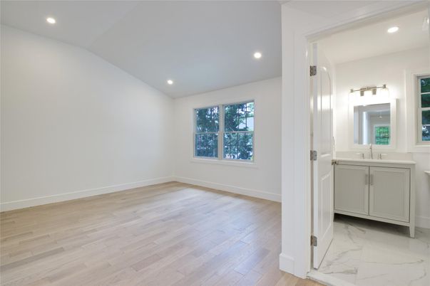 Bathroom, Empty room, Interior, Marble, Recessed Lighting, Wood Texture Flooring
