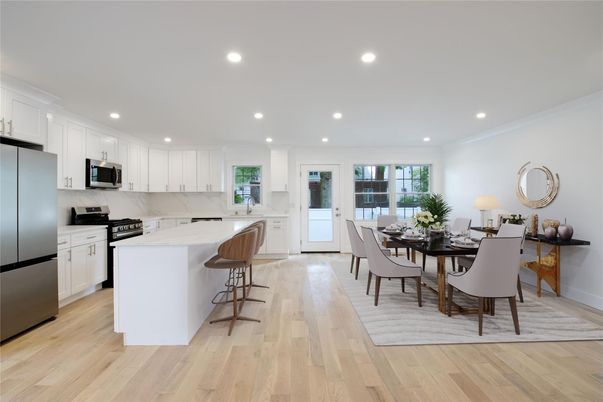 Dining room, Interior, Kitchen, Recessed Lighting, Stainless Steel Appliances, Wood Texture Flooring