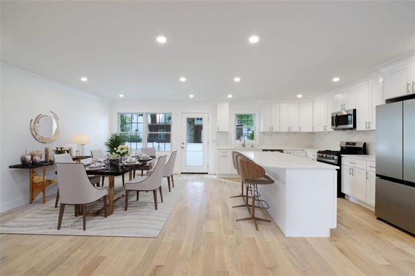 Dining room, Interior, Kitchen, Recessed Lighting, Stainless Steel Appliances, Wood Texture Flooring