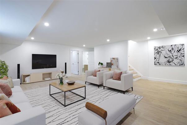 Interior, Living room, Recessed Lighting, Wood Texture Flooring