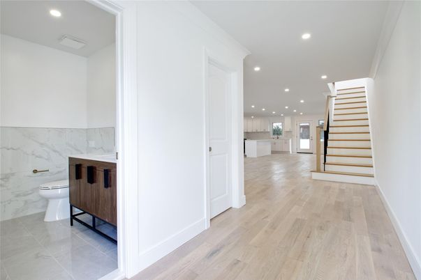 Interior, Kitchen, Marble Walls, Recessed Lighting, Wood Texture Flooring