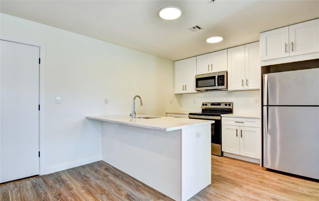 Interior, Kitchen, Recessed Lighting, Stainless Steel Appliances, Wood Texture Flooring
