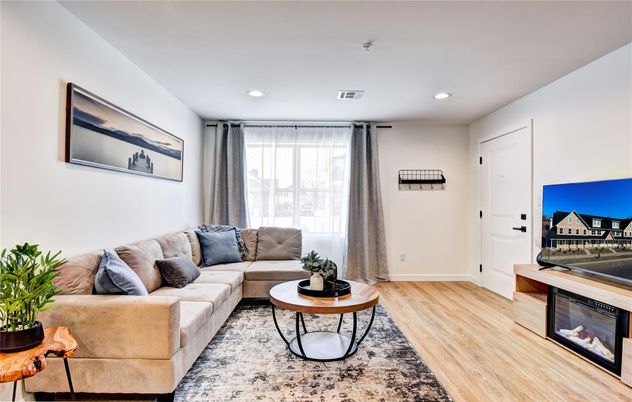 Fireplace, Interior, Living room, Recessed Lighting, Wood Texture Flooring