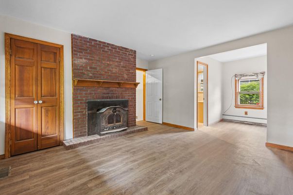 Empty room, Fireplace, Interior, Stone Walls, Wood Texture Flooring