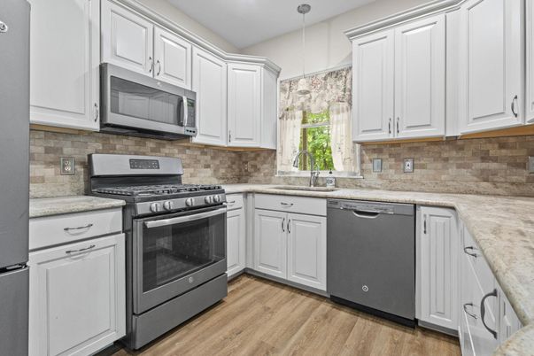 Interior, Kitchen, Pendant Lights, Recessed Lighting, Stainless Steel Appliances, Wood Texture Flooring