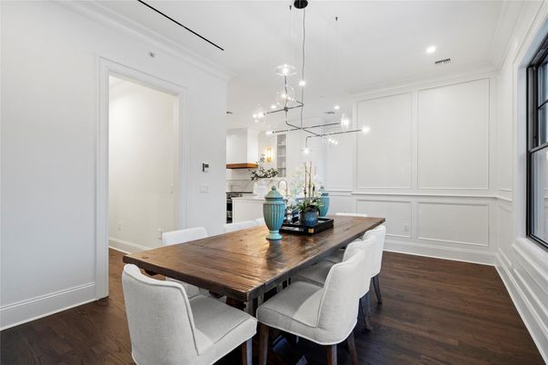 Dining room, Interior, Pendant Lights, Recessed Lighting, Wood Texture Flooring