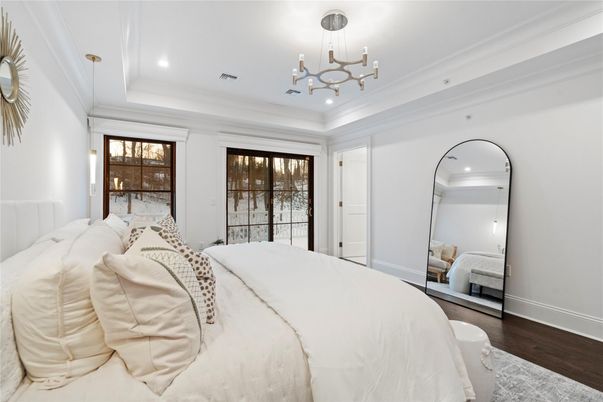 Bedroom, Interior, Pendant Lights, Recessed Lighting, Wood Texture Flooring