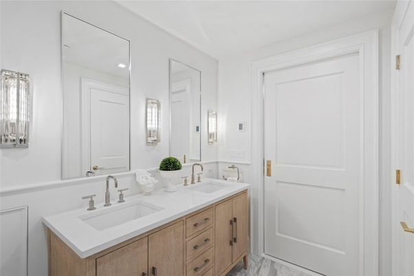 Bathroom, Dual Sink Vanities, Interior, Marble, Recessed Lighting