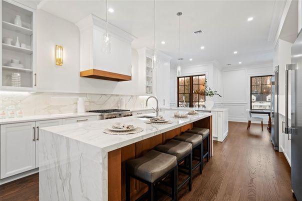 Interior, Kitchen, Marble Walls, Pendant Lights, Recessed Lighting, Stainless Steel Appliances, Wood Texture Flooring