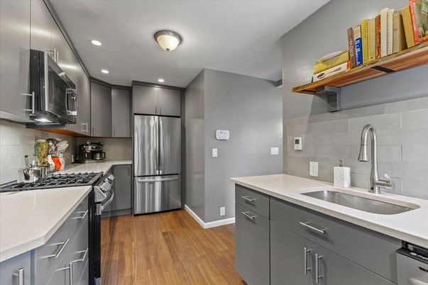 Interior, Kitchen, Recessed Lighting, Stainless Steel Appliances, Wood Texture Flooring