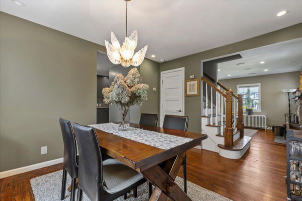 Dining room, Interior, Pendant Lights, Recessed Lighting, Wood Texture Flooring