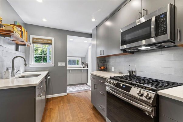 Interior, Kitchen, Recessed Lighting, Stainless Steel Appliances, Wood Texture Flooring