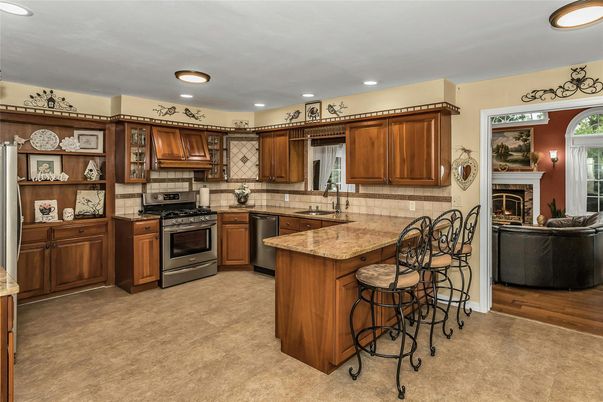 Fireplace, Interior, Kitchen, Recessed Lighting, Stainless Steel Appliances