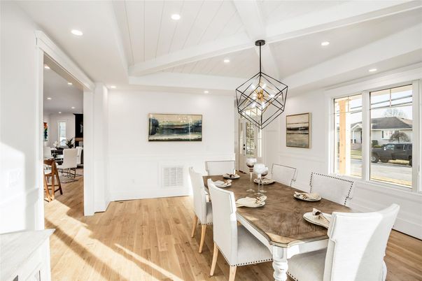Dining room, Interior, Pendant Lights, Recessed Lighting, Wood Texture Flooring