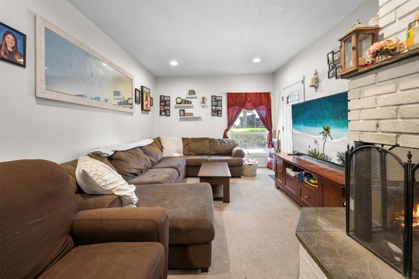 Fireplace, Interior, Living room, Recessed Lighting, Stone Walls