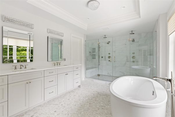 Bathroom, Dual Sink Vanities, Free Standing Baths, Glass Shower, Interior, Marble Walls, Recessed Lighting