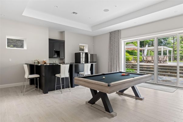 Billiard Table, Game Room, Interior, Recessed Lighting, Wood Texture Flooring