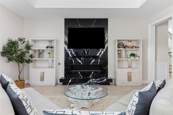 Fireplace, Interior, Living room, Marble Walls, Wood Texture Flooring