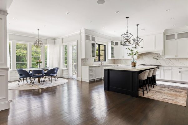 Dining room, Interior, Kitchen, Marble Walls, Pendant Lights, Recessed Lighting, Wood Texture Flooring