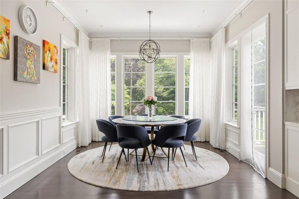 Dining room, Interior, Pendant Lights, Wood Texture Flooring