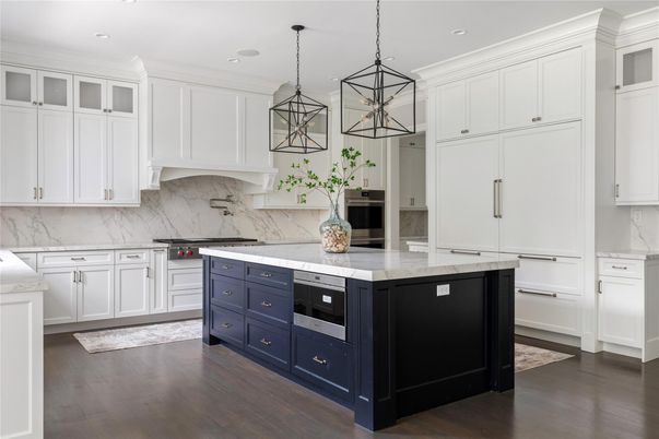Interior, Kitchen, Marble Walls, Pendant Lights, Recessed Lighting, Wood Texture Flooring