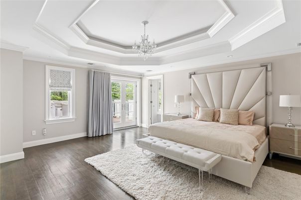 Bedroom, Chandelier, Interior, Recessed Lighting, Wood Texture Flooring