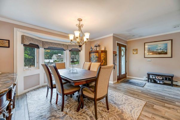 Chandelier, Dining room, Interior, Wood Texture Flooring
