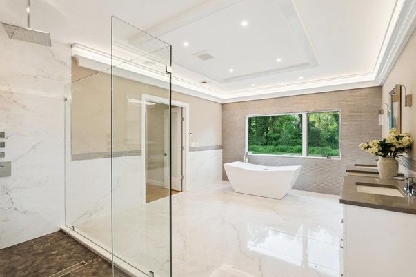 Bathroom, Free Standing Baths, Glass Shower, Interior, Marble, Marble Walls, Recessed Lighting