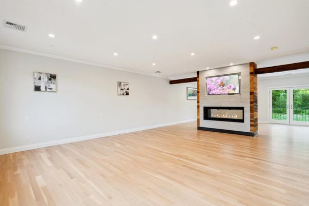 Empty room, Fireplace, Interior, Recessed Lighting, Wood Texture Flooring