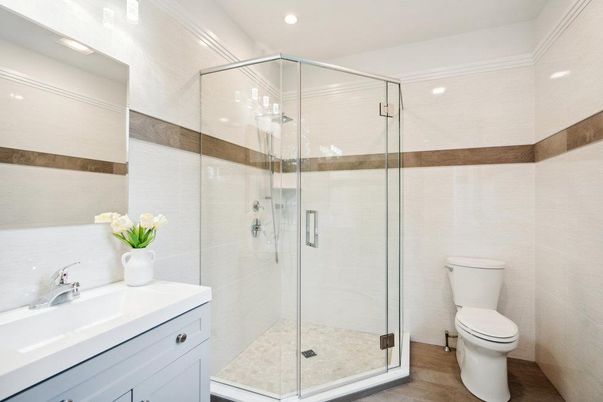 Bathroom, Glass Shower, Interior, Recessed Lighting, Wood Texture Flooring