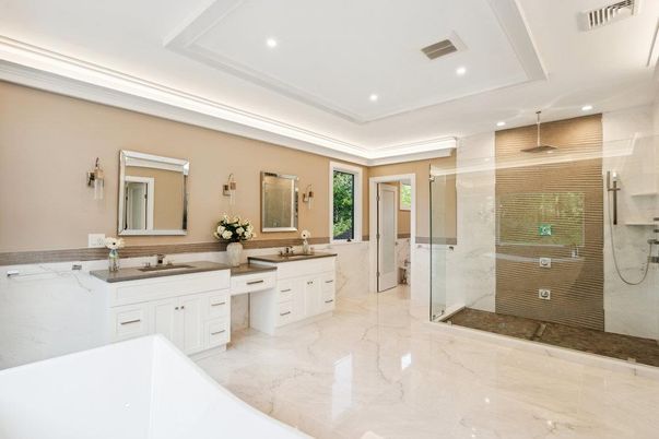 Bathroom, Dual Sink Vanities, Glass Shower, Interior, Marble, Recessed Lighting