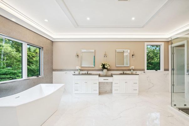 Bathroom, Dual Sink Vanities, Free Standing Baths, Glass Shower, Interior, Marble, Recessed Lighting