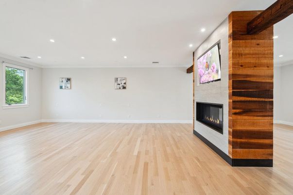 Empty room, Fireplace, Interior, Recessed Lighting, Wood Texture Flooring