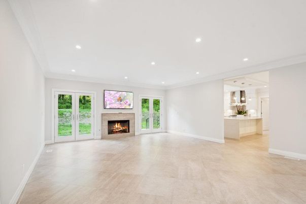 Empty room, Fireplace, Interior, Kitchen, Pendant Lights, Recessed Lighting