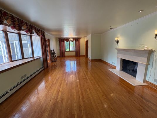 Empty room, Fireplace, Interior, Recessed Lighting, Wood Texture Flooring