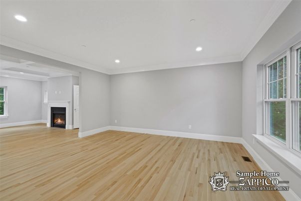 Empty room, Fireplace, Interior, Recessed Lighting, Wood Texture Flooring