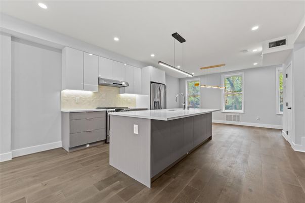 Interior, Kitchen, Pendant Lights, Recessed Lighting, Stainless Steel Appliances, Wood Texture Flooring