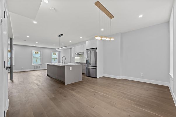 Interior, Kitchen, Pendant Lights, Recessed Lighting, Stainless Steel Appliances, Wood Texture Flooring